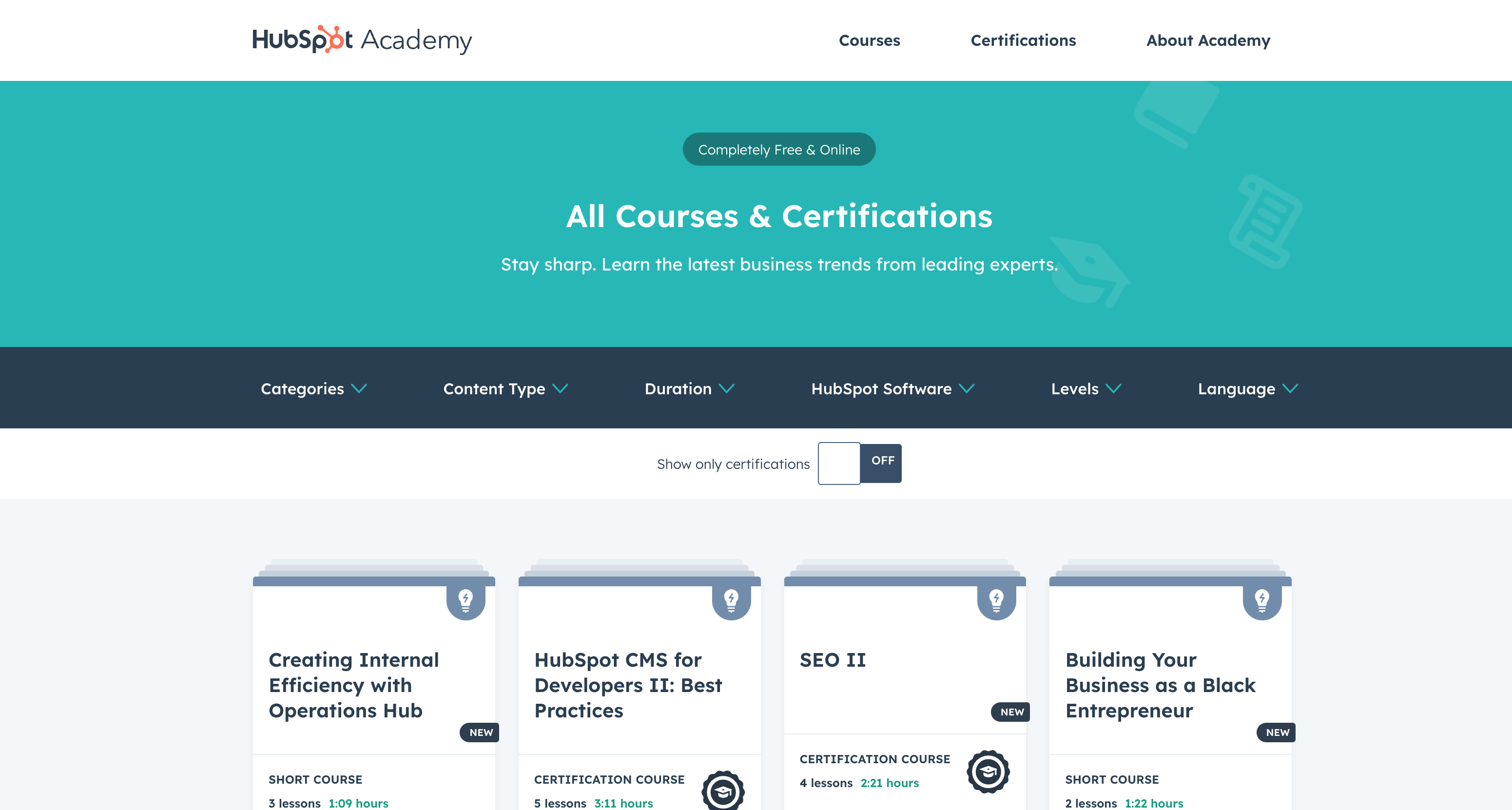 HubSpot Academy Courses site page