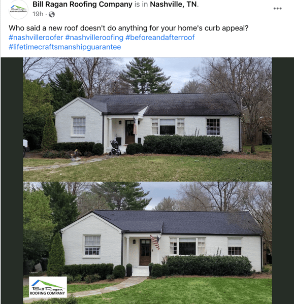 Facebook post from Bill Ragan Roofing showing before and after pictures of a roof.