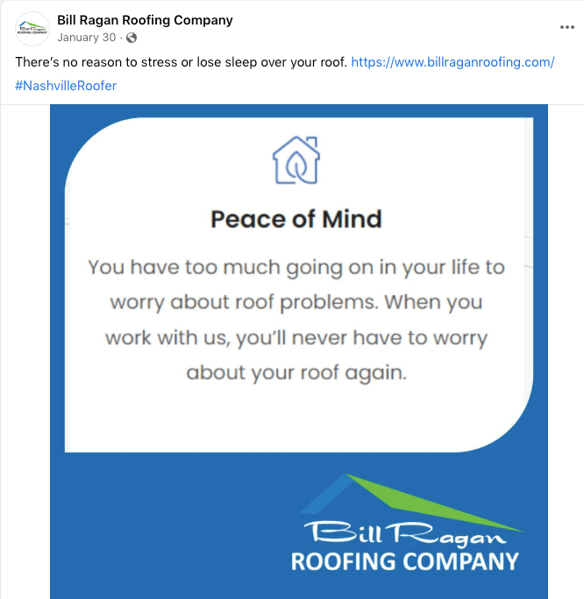 Facebook post from Bill Ragan Roofing with an image with text that reads "Peace of Mind"
