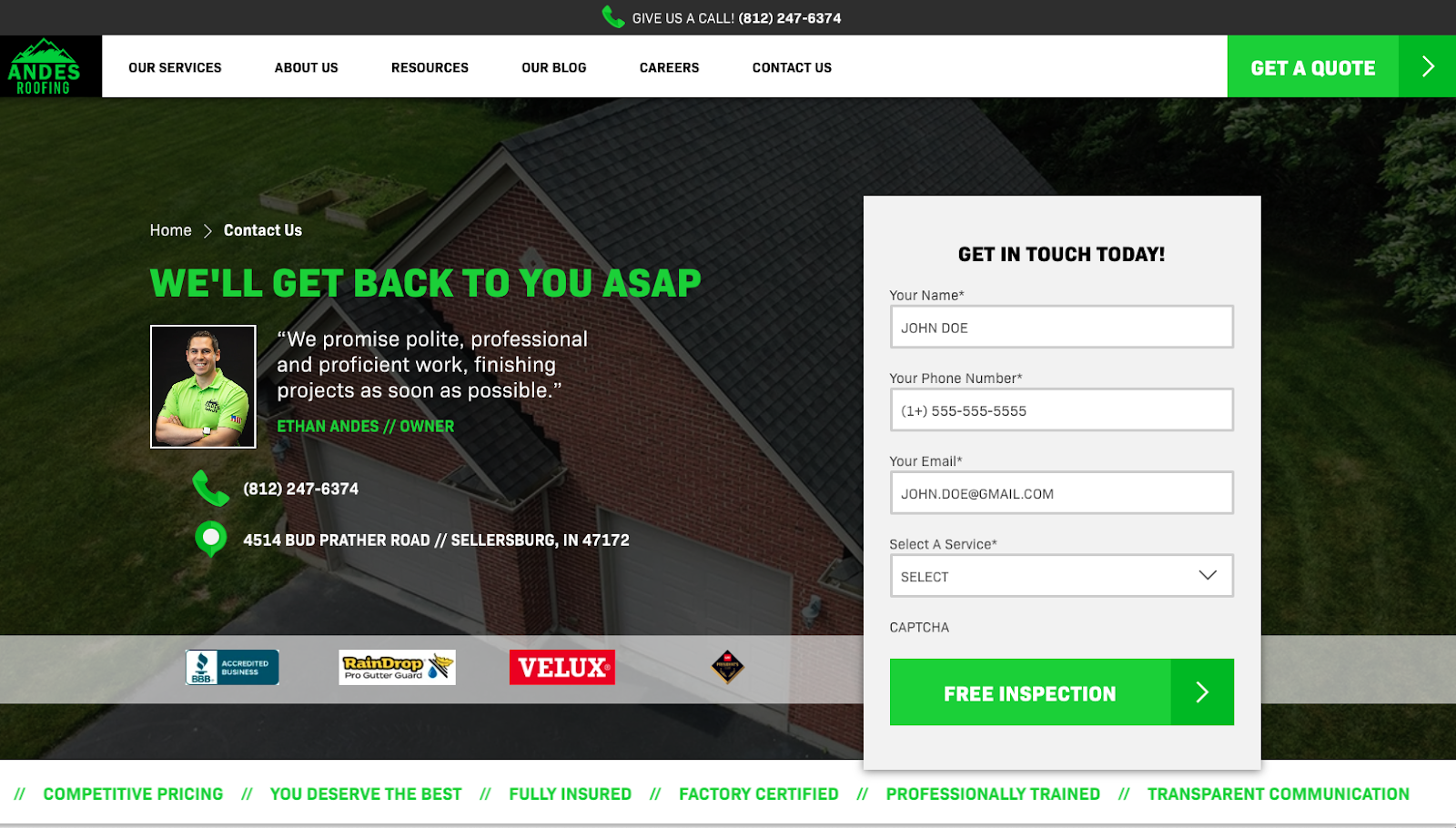Andes Roofing - contact page