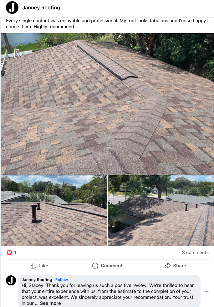Janney Roofing Facebook comment